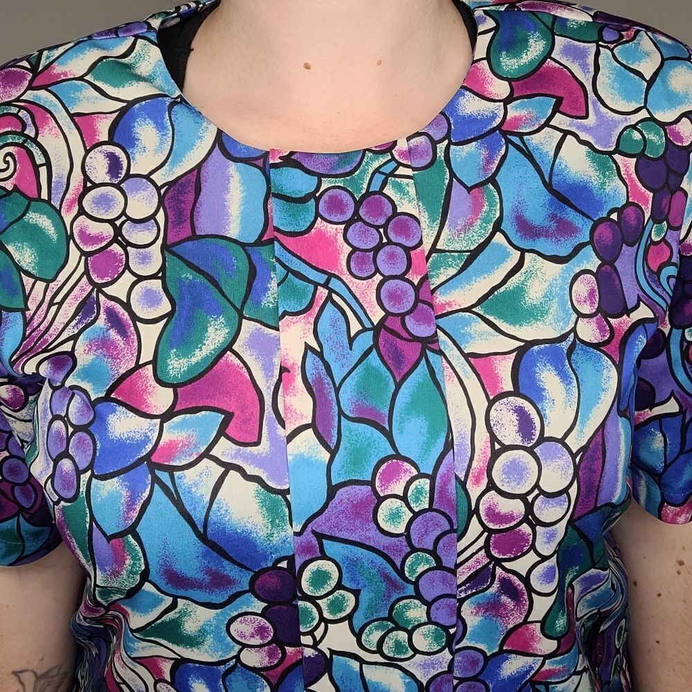 VINTAGE 80s blouse grapes fruit print short sleeve blouse top XL - Picture 4 of 11